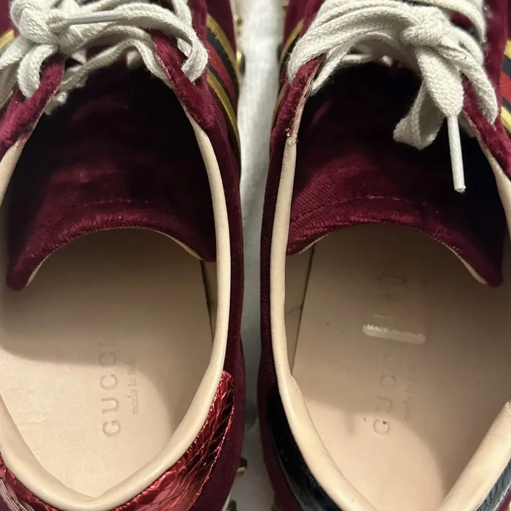 $1180 LkNEW GUCCI Burgundy Velvet New Ace Faux-Pearl Platform Sneakers RARE 37.5 - Picture 8 of 14